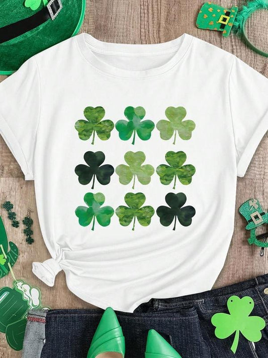 Women's Clover Print Round Neck Tee, Casual Short Sleeve Crew Neck T-shirt for Daily Wear, Ladies Clothes for All Seasons...