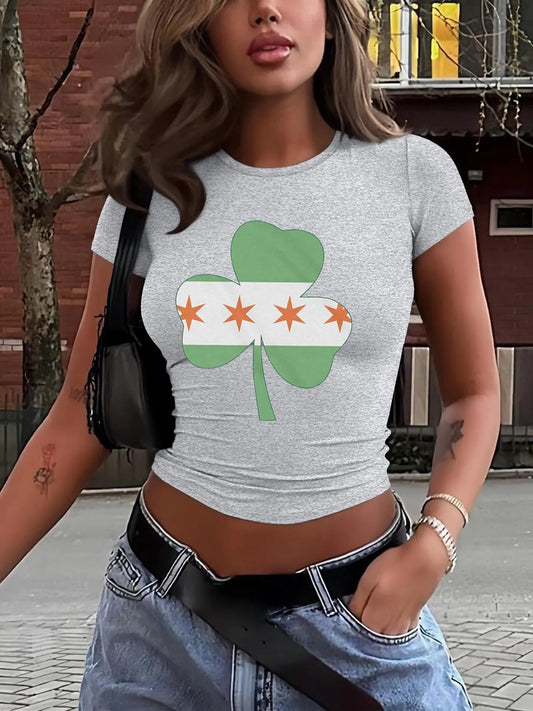 Women's Clover Print Round Neck Tee, Casual Short Sleeve T-shirt for Daily Wear, Ladies Clothes for All Seasons Hoodie,...