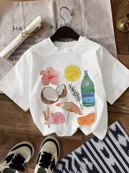 Women's Coconut Tree & Lemon Print Round Neck Tee, Casual Short Sleeve Crew Neck T-Shirt for Summer, Fashion Women's Top...