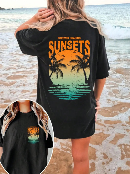Women's Coconut Tree Graphic Print Round Neck Tee, Vintage Drop Shoulder Half Sleeve T-shirt for Daily Wear, Ladies...