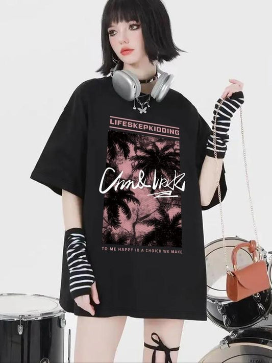 Women's Coconut Tree Letter Print Round Neck Tee, Casual Comfy Drop Shoulder Half Sleeve T-shirt for Daily Wear, Ladies...