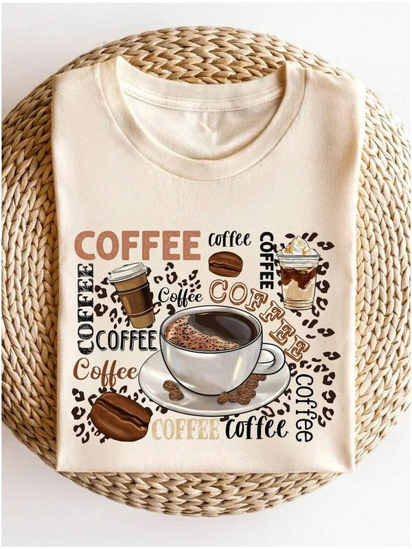 Women's Coffee Print Round Neck Tee, Fashion Casual Crew Neck T-shirt for Daily Holiday Vacation Outdoor Wear, Ladies...