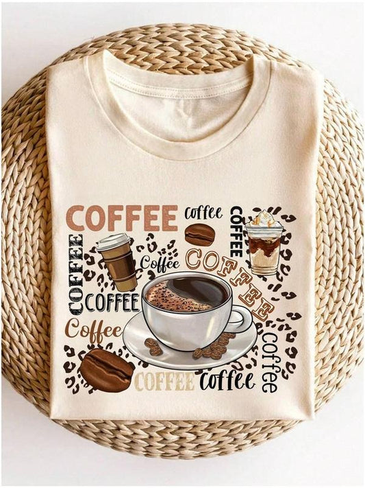 Women's Coffee Print Round Neck Tee, Fashion Casual Crew Neck T-shirt for Daily Holiday Vacation Outdoor Wear, Ladies...