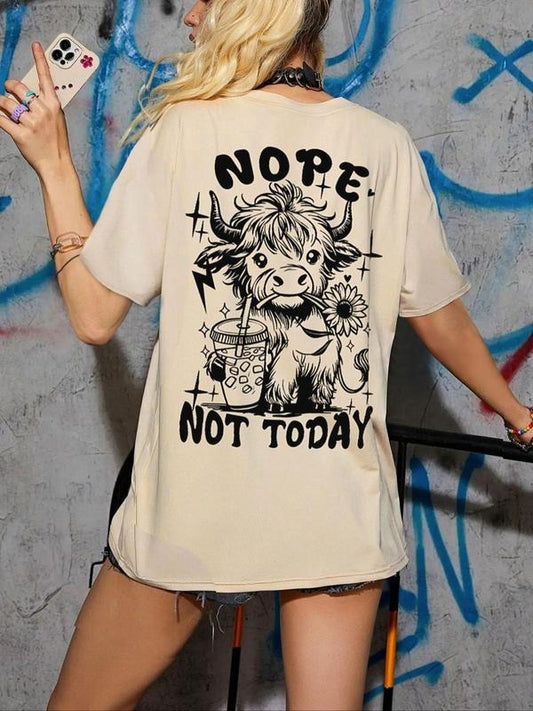 Women's Cow & Letter Print Drop Shoulder Tee, Casual Half Sleeve Round Neck T-shirt for Summer, Graphic Tees Women,...