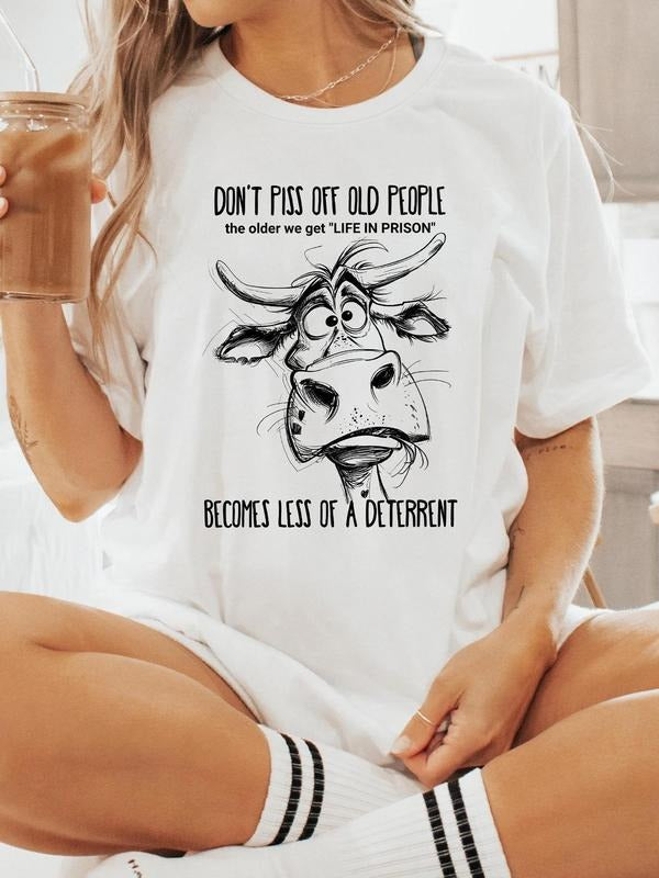 Women's Cow & Letter Print Round Neck Tee, Fashion Casual Crew Neck T-Shirt for Daily Holiday Vacation Outdoor Wear,...