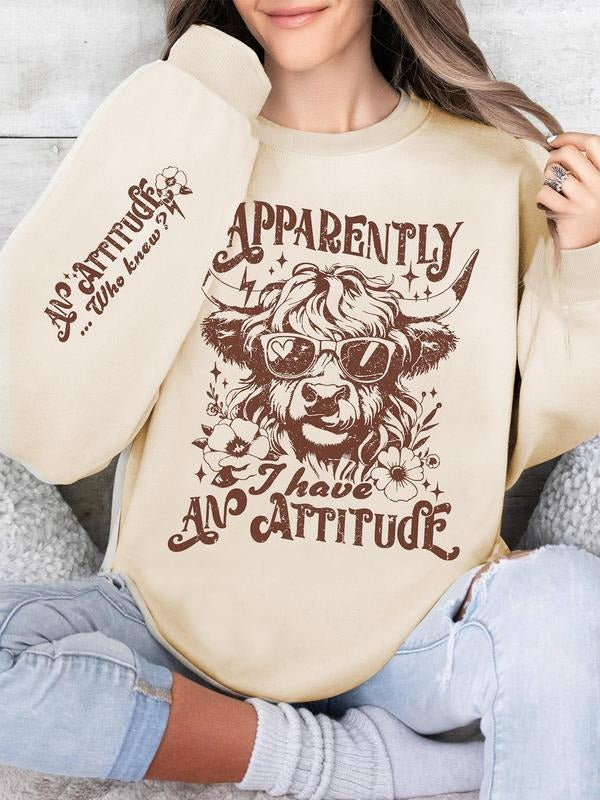 Women's Cow & Letter Print Sweatshirt, Casual Long Sleeve Pullover for Spring & Fall, Women's Clothes for Daily Wear...