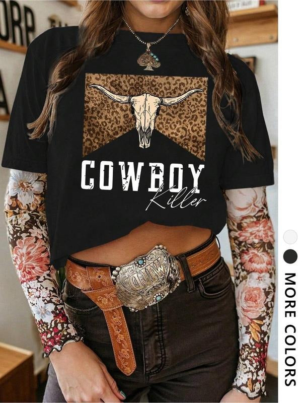 Women's Cow Print Round Neck Graphic Tee, Vintage Trendy Casual Short Sleeve T-shirt for Daily Wear, Ladies Summer...