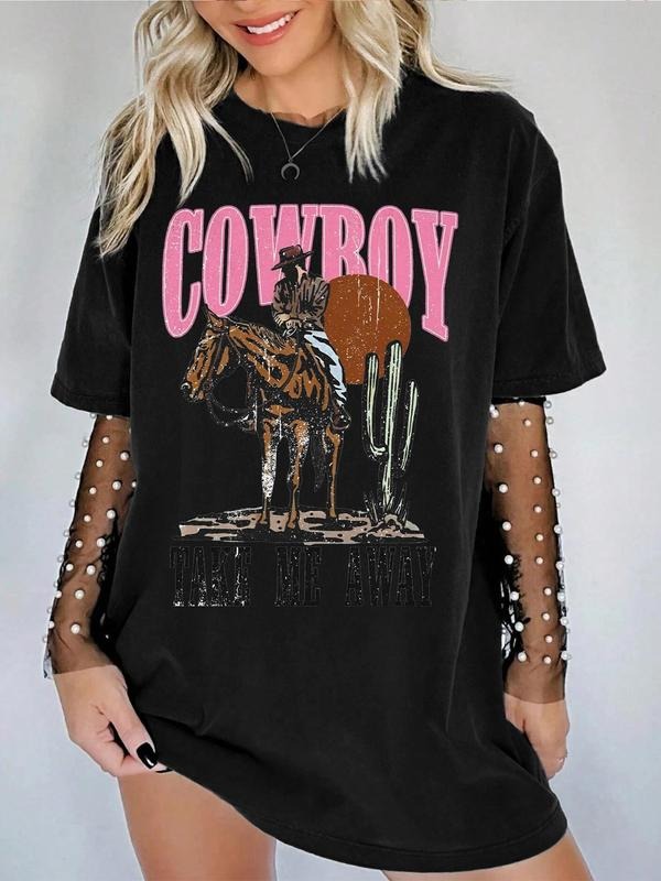 Women's Cowboy & Cactus Print Round Neck Graphic Tee, Vintage Trendy Casual Short Sleeve T-shirt for Daily Wear, Ladies...