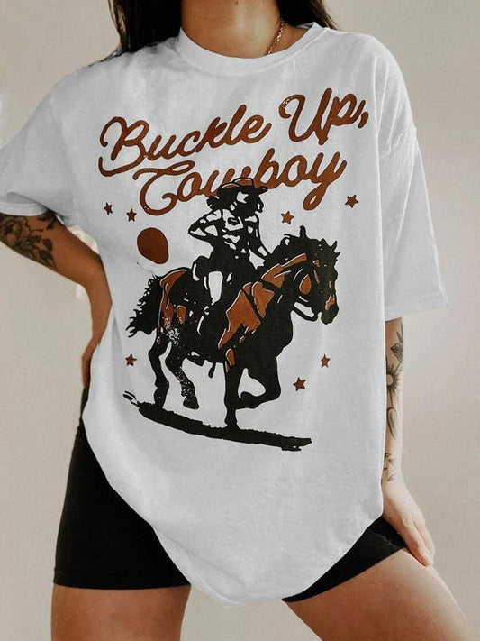 Women's Cowboy & Letter Print Round Neck Tee, Casual Short Sleeve Crew Neck T-shirt for Daily Wear, Ladies Clothes for...