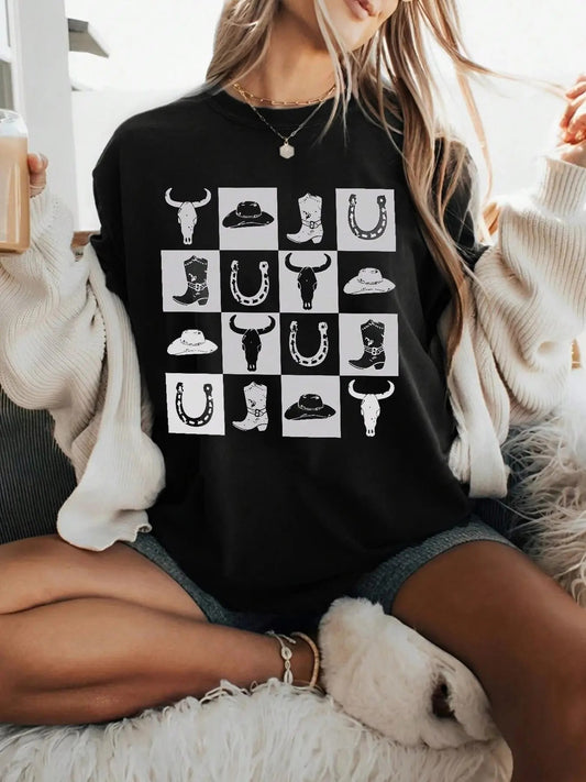 Women's Cowboy Print Round Neck Tee, Fashion Casual Crew Neck T-Shirt for Daily Holiday Vacation Outdoor Wear, Ladies...