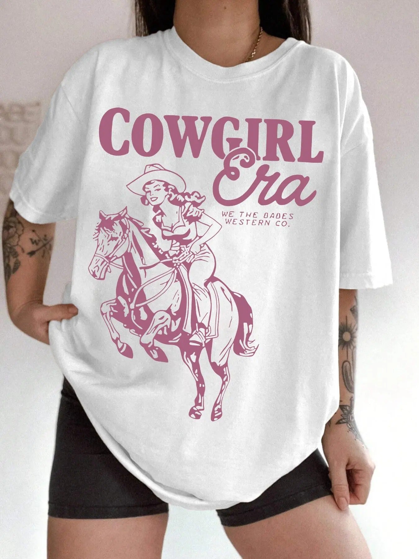 Women's Cowgirl & Letter Print Drop Shoulder Tee, Casual Half Sleeve Round Neck T-shirt for Summer, Fashion Women's Top...