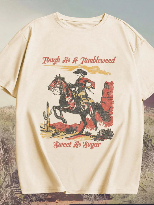 Women's Cowgirl Graphic Print Round Neck Tee, Casual Short Sleeve T-shirt for Daily Wear, Ladies All Seasons Outfit...