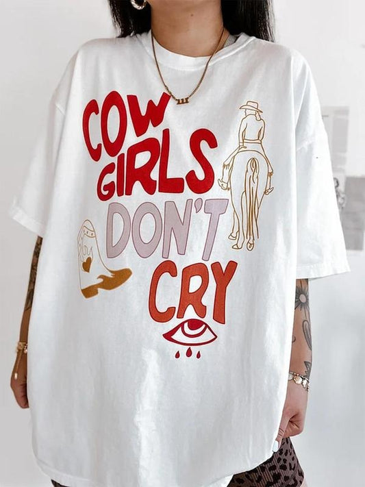 Women's Cowgirls Don't Cry Letter Print Round Neck Tee, Fashion Casual Crew Neck T-Shirt for Daily Holiday Vacation...