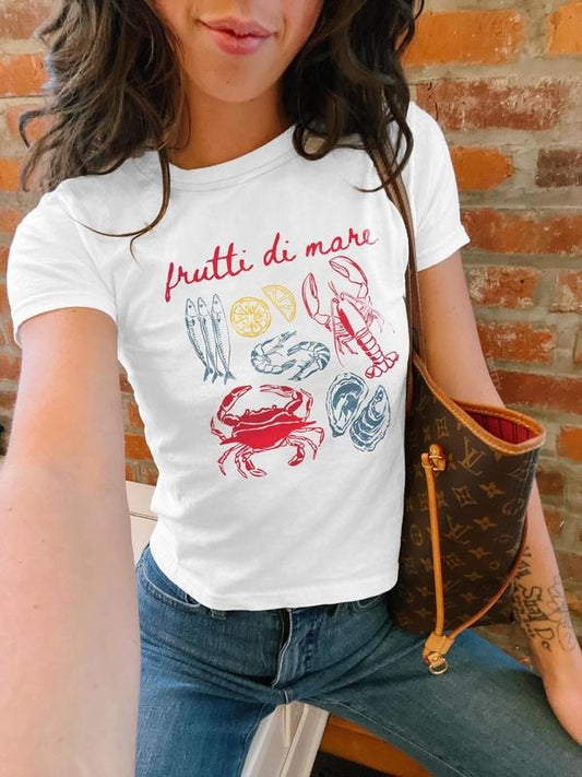 Women's Crab & Figure Print Round Neck Tee, Casual Short Sleeve Crew Neck T-shirt for Summer, Fashion Women's Top for...