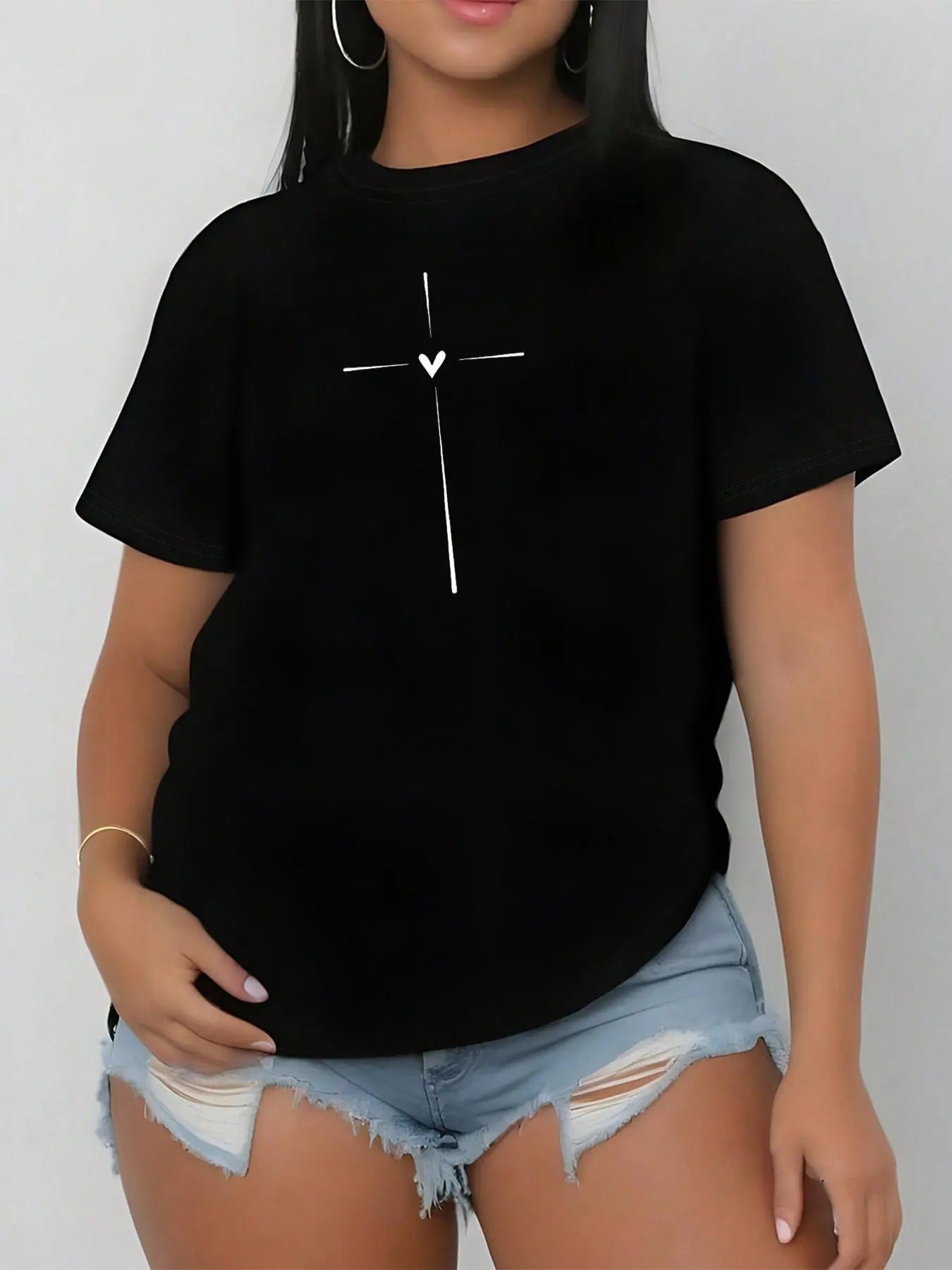 Women's Cross & Heart Print Round Neck Tee, Casual Short Sleeve Crew Neck T-shirt for Daily Wear, Ladies Clothes for All...