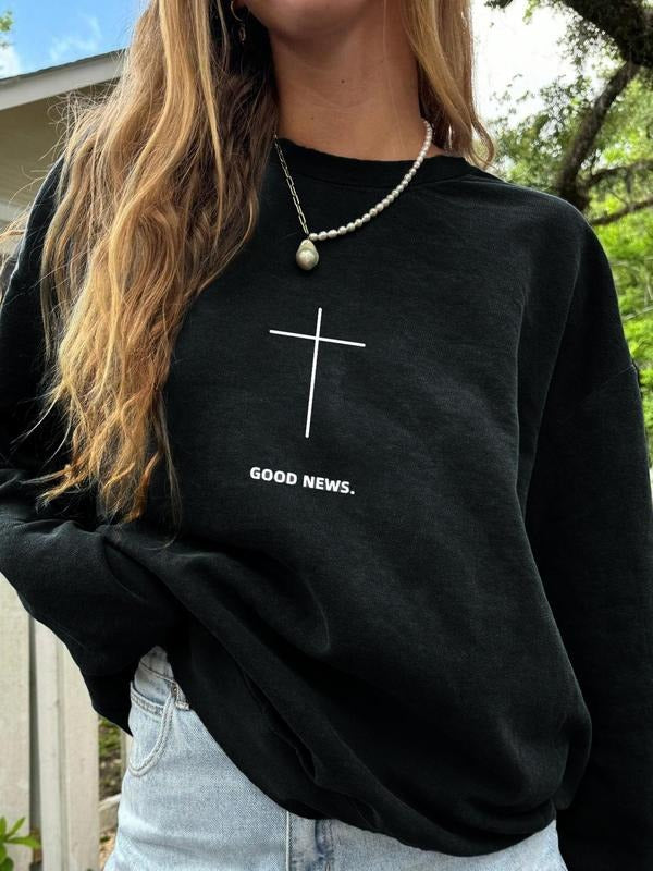 Women's Cross & Letter Print Crew Neck Sweatshirt, Casual Trendy Long Sleeve Pullover for Daily Wear, Ladies Spring &...