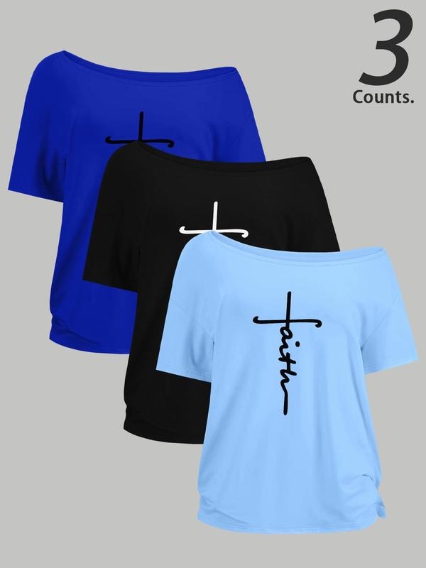 Women's Cross Print One Shoulder Tee, Casual Short Sleeve T-shirt for Daily Wear, Ladies Clothes for All Seasons, Top...