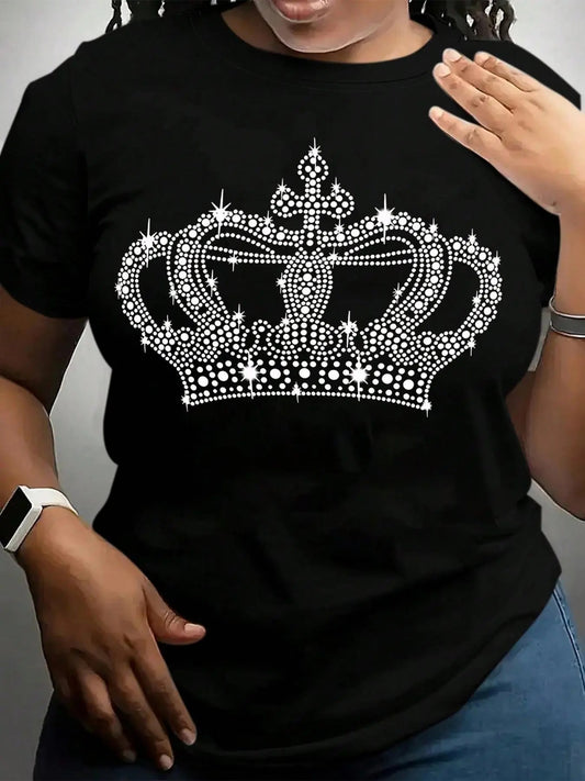 Women's Crown Print Round Neck Tee, Fashion Casual Crew Neck Short Sleeve T-shirt for Daily Holiday Vacation Outdoor...