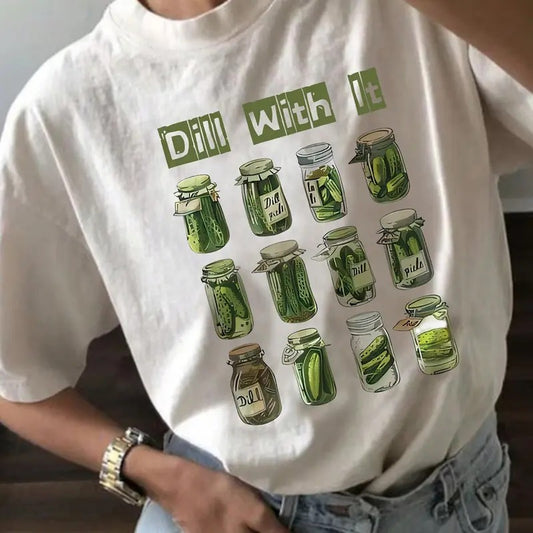 Women's Cucumber & Letter Print Drop Shoulder Tee, Casual Half Sleeve Round Neck T-shirt for Daily Wear, Ladies Clothes...