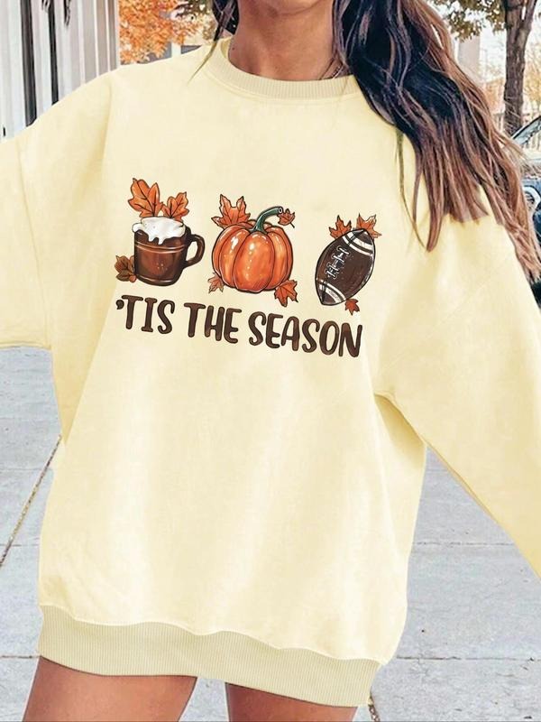 Women's Cup & Pumpkin & Rugby Print Crew Neck Sweatshirt, Casual Long Sleeve Letter Print Pullover for Fall & Winter,...