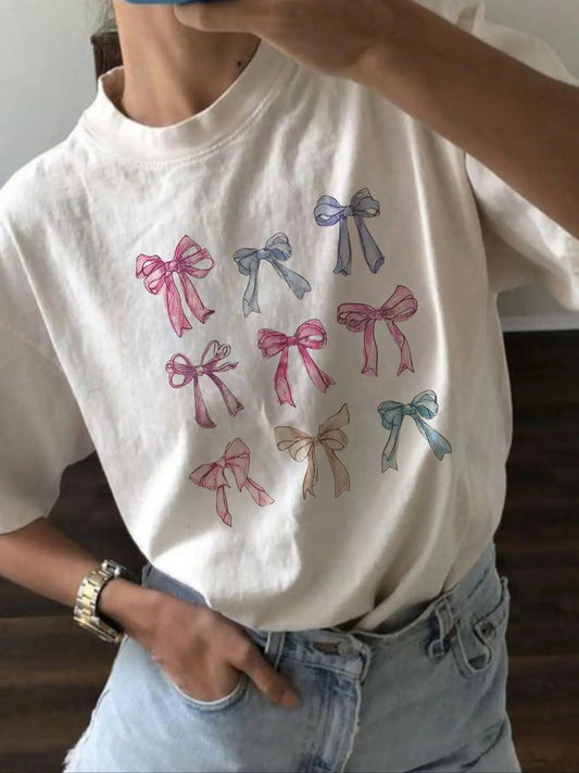 Women's Cute Bow Print Drop Shoulder Tee, Casual Half Sleeve  T-shirt for Summer, Fashion Women's Top for Daily Wear...