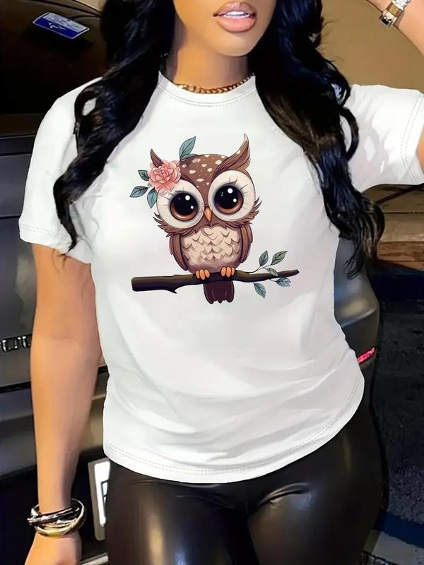 Women's Cute Cartoon Owl Print Round Neck Tee, Fashion Casual Crew Neck Short Sleeve T-Shirt for Daily Holiday Vacation...