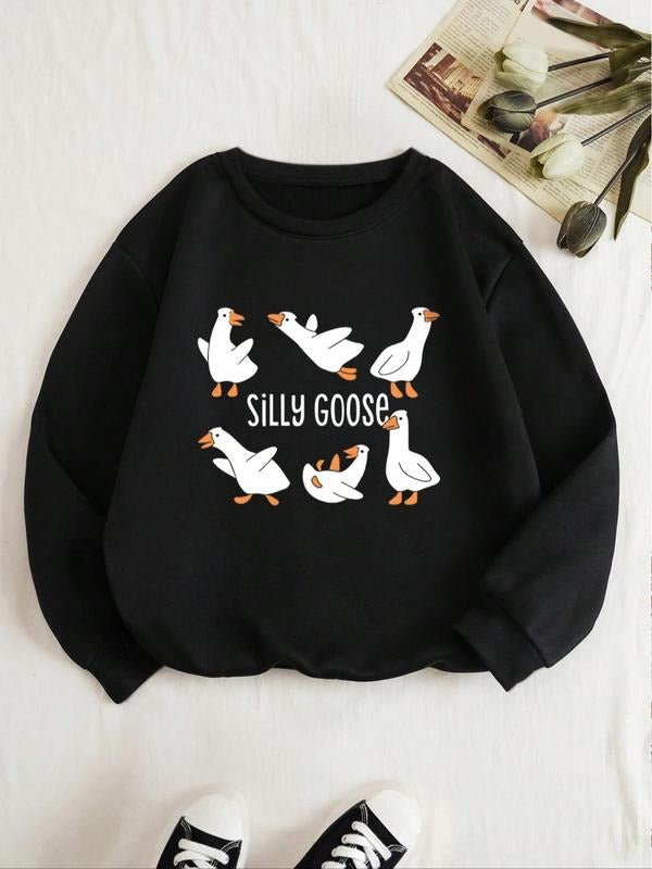 Women's Cute Goose Print Drop Shoulder Long Sleeve Round Neck Sweatshirt, Casual Long-sleeve Crew Neck Pullover for Daily...