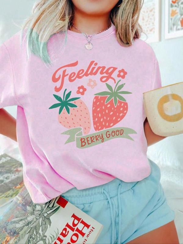 Women's Cute Strawberry & Letter Print Drop Shoulder Tee, Casual Fashion Round Neck Short Sleeve T-shirt for Daily...