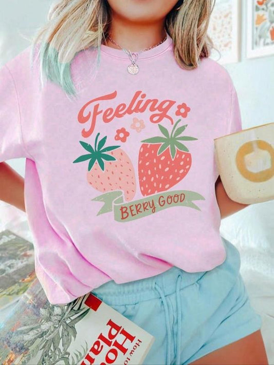Women's Cute Strawberry & Letter Print Drop Shoulder Tee, Casual Fashion Round Neck Short Sleeve T-shirt for Daily...