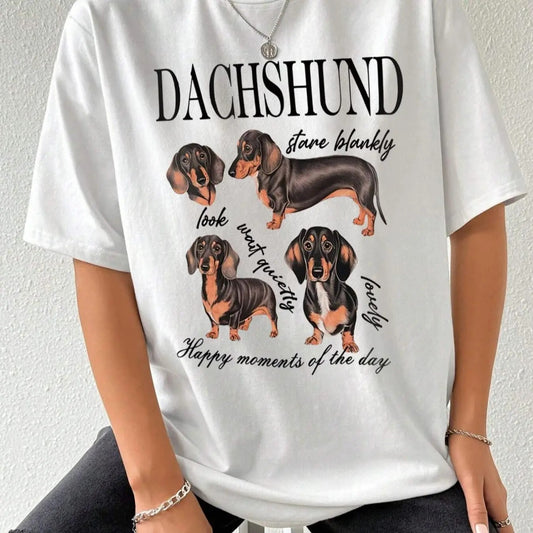 Women's Dachshund & Letter Print Drop Shoulder Tee, Casual Half Sleeve Round Neck T-shirt for Summer, Women's Top for...