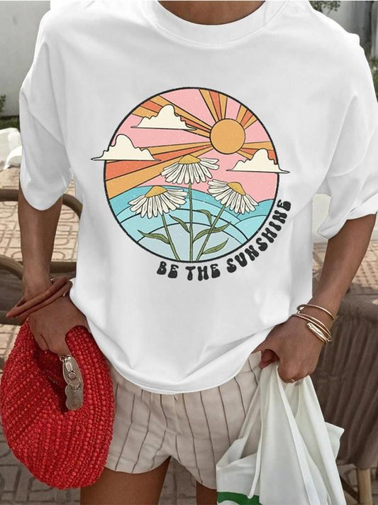 Women's Daisy & Sun Print Round Neck Tee, Trendy Casual Crew Neck T-shirt for Daily Wear, Ladies Summer, Top Hoodie,...