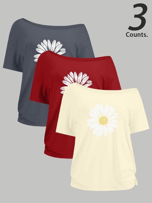 Women's Daisy Print One Shoulder Tee, Casual Fashion Short Sleeve T-shirt for Daily Wear, Ladies Clothes for All Seasons,...