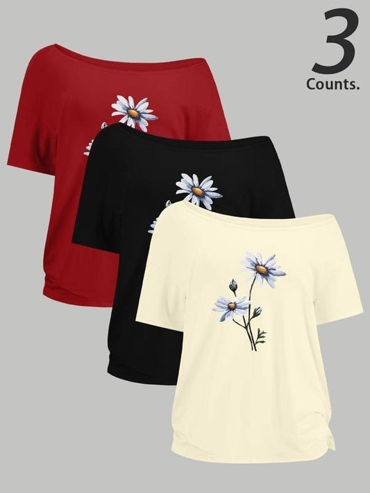 Women's Daisy Print One Shoulder Tee, Casual Flower Print Short Sleeve T-shirt for Summer, Ladies Clothes for Daily Wear,...