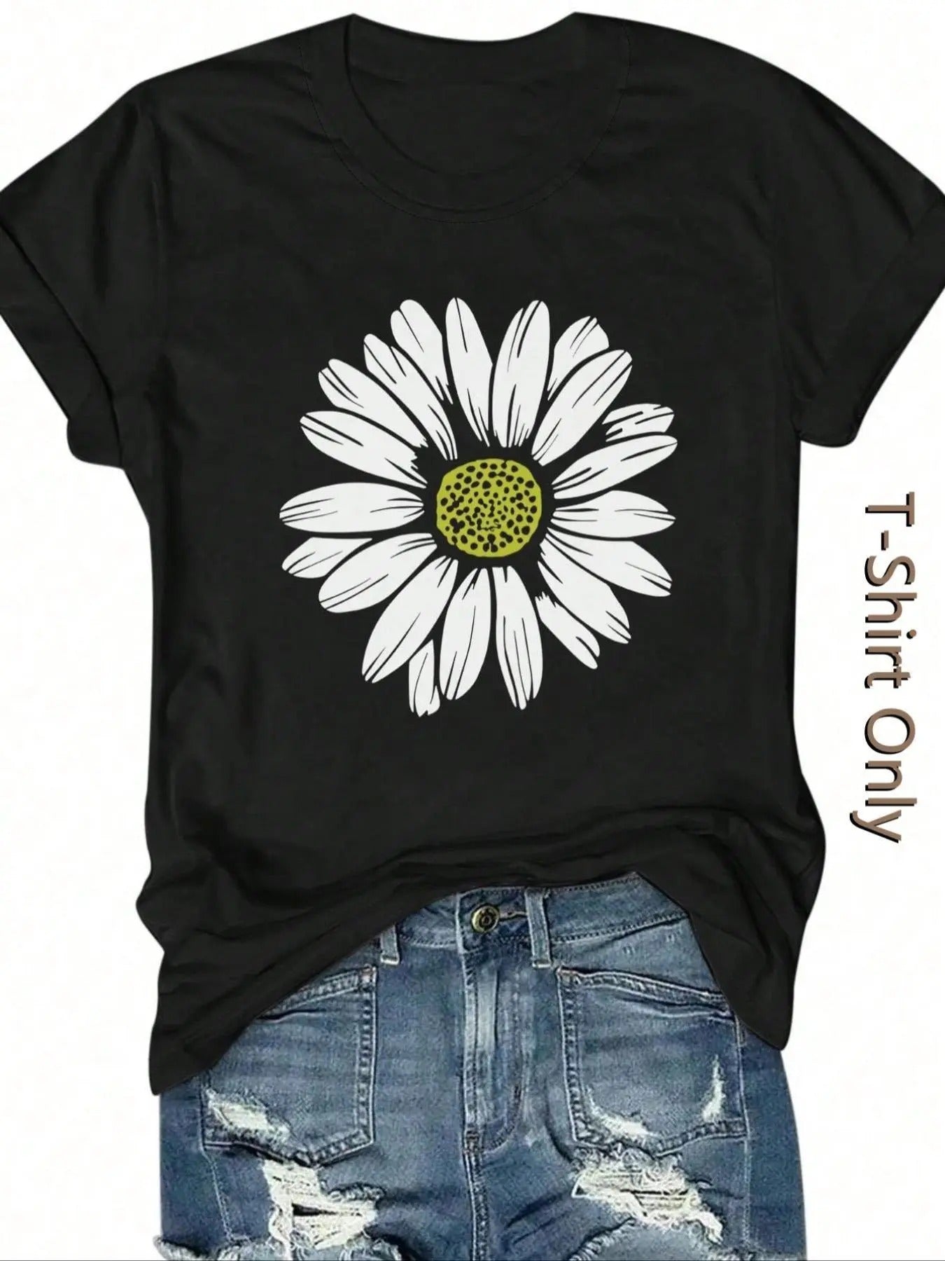 Women's Daisy Print Round Neck Tee, Casual Short Sleeve Crew Neck T-shirt for Summer, Fashion Women's Top for Daily Wear...