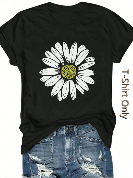 Women's Daisy Print Round Neck Tee, Casual Short Sleeve Crew Neck T-shirt for Summer, Fashion Women's Top for Daily Wear...
