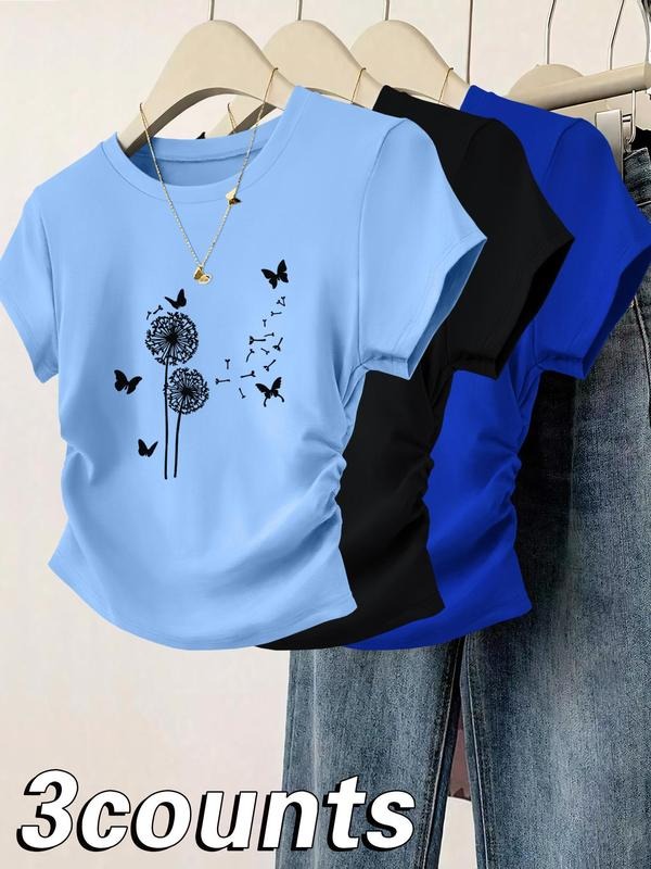 Women's Dandelion & Butterfly Print Tee, Casual Short Sleeve T-shirt for Daily Wear, Ladies Clothes for All Seasons, Top...