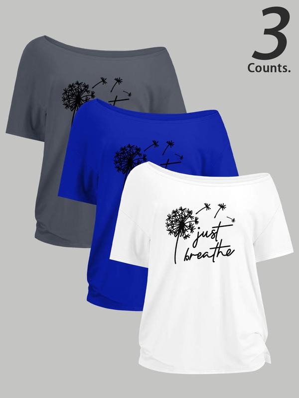 Women's Dandelion & Letter Print One Shoulder Tee, Casual Fashion T-shirt for Daily Wear, Ladies Clothes for All Seasons,...