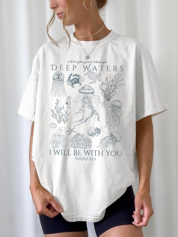 Women's Deep Sea Life Print Round Neck Tee, Casual Short Sleeve Crew Neck T-shirt for Summer, Fashion Women's Top for...