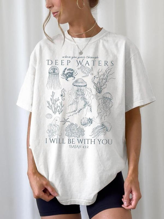 Women's Deep Sea Life Print Round Neck Tee, Casual Short Sleeve Crew Neck T-shirt for Summer, Fashion Women's Top for...