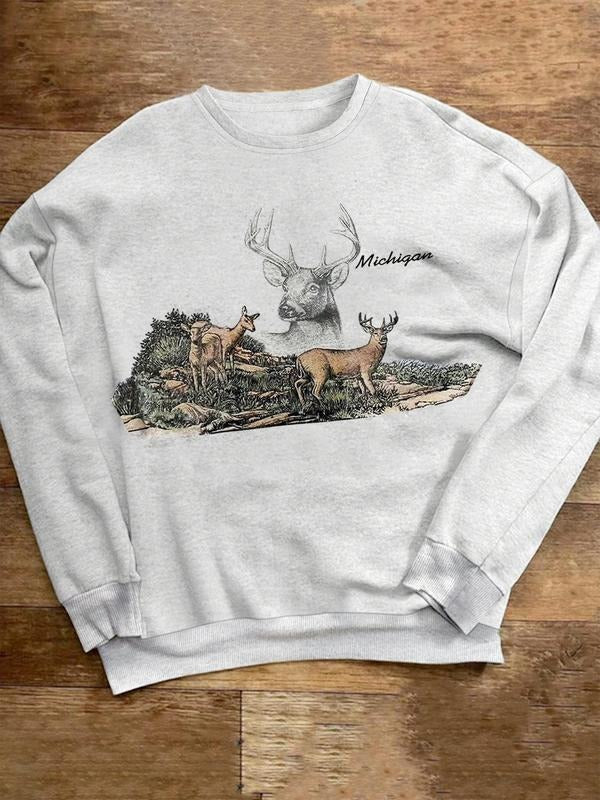 Women's Deer & Landscape Print Crew Neck Sweatshirt, Casual Long Sleeve Pullover for Fall & Winter, Women's Clothes for...