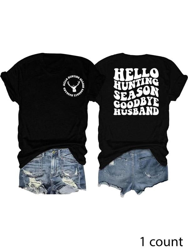 Women's Deer & Letter Print Round Neck Graphic Tee, Vintage Trendy Casual Short Sleeve T-shirt for Daily Wear, Ladies...