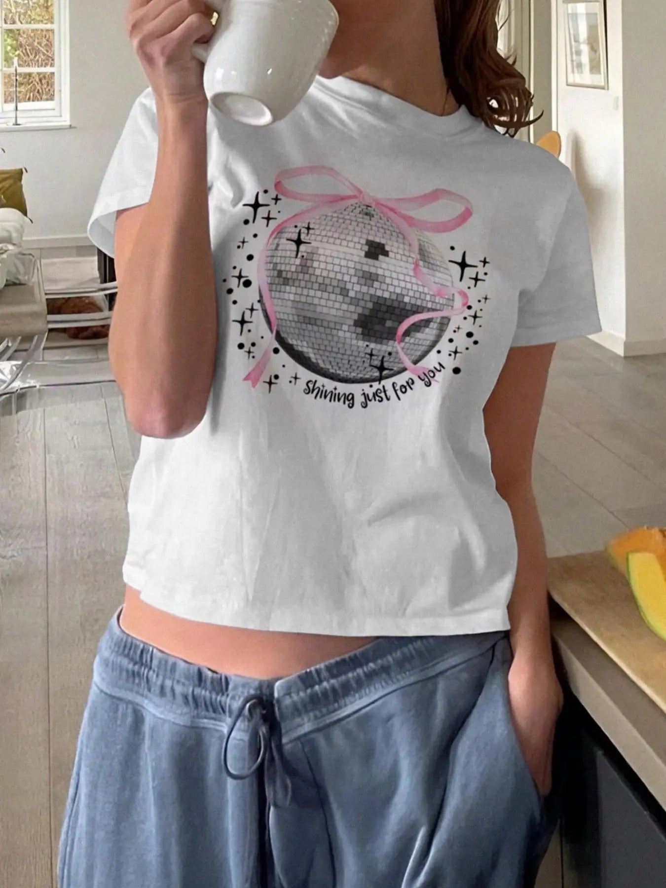 Women's Disco Ball & Letter Print Round Neck Graphic Tee, Vintage Trendy Casual Short Sleeve T-shirt for Daily Wear,...