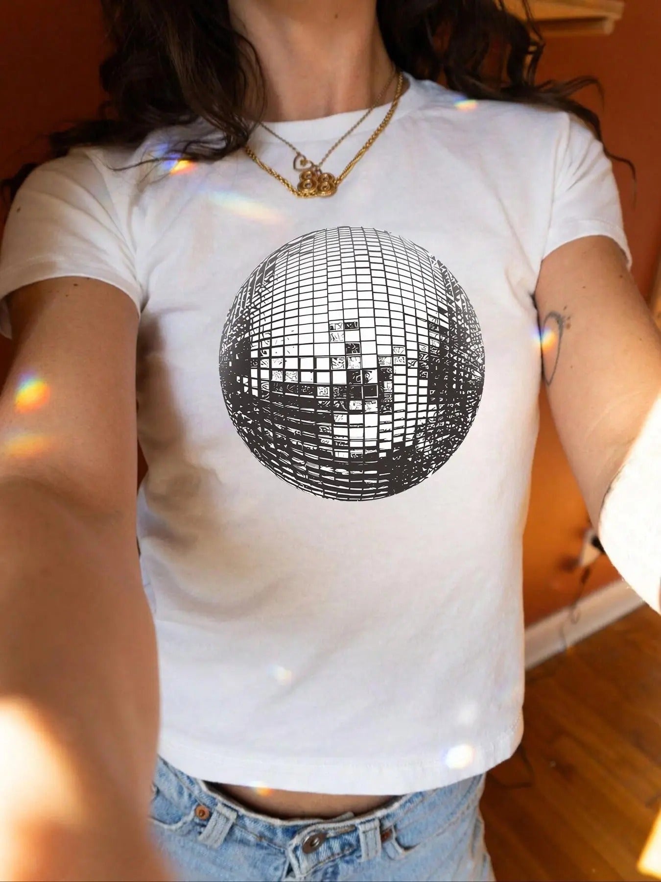 Women's Disco Ball Print Round Neck Crop Tee, Casual Slim-fitting Short Sleeve T-shirt, Ladies Summer Clothes for Daily...