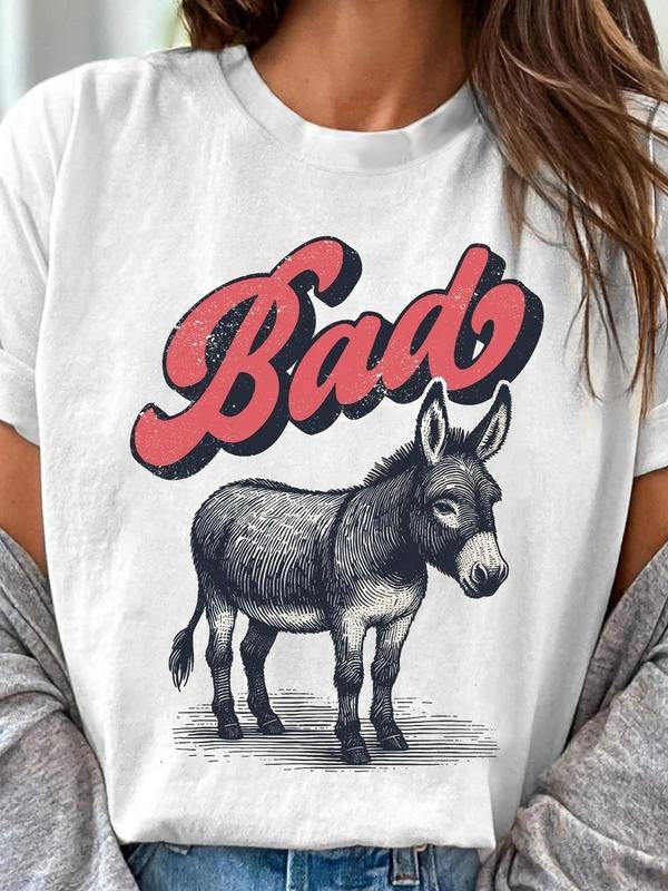 Women's Donkey & Letter Print Round Neck Tee, Vintage Trendy Casual Short Sleeve T-shirt for Daily Wear, Ladies All...