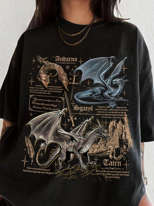 Women's Dragon & Letter Print Round Neck Tee, Casual Short Sleeve T-shirt for Daily Wear, Ladies Tops for Summer Hoodie,...
