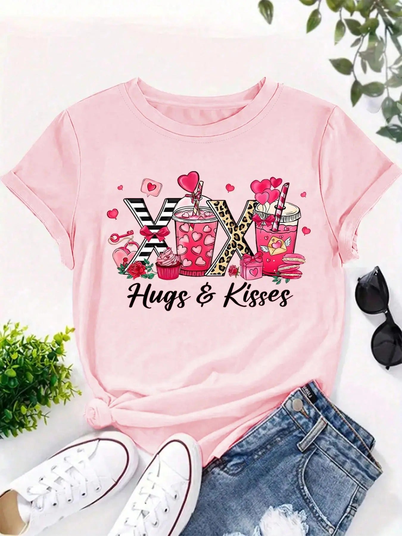 Women's Drink & Letter Print Round Neck Graphic Tee, Trendy Casual Short Sleeve T-shirt for Daily Wear, Ladies All...