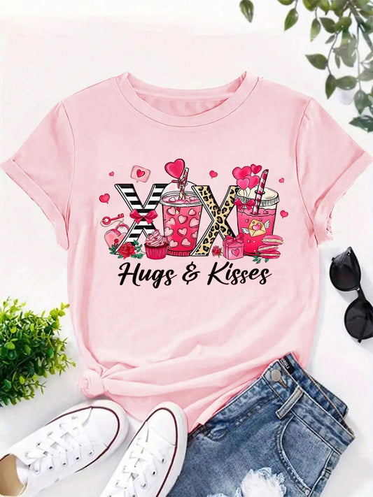 Women's Drink & Letter Print Round Neck Graphic Tee, Trendy Casual Short Sleeve T-shirt for Daily Wear, Ladies All...