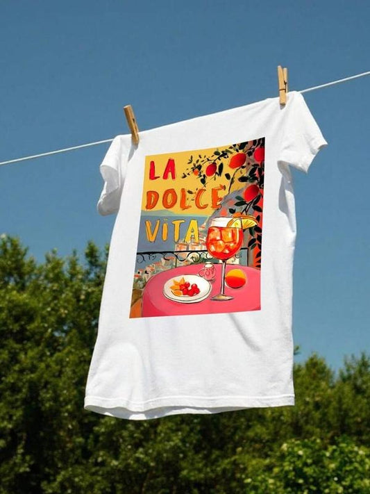 Women's Drink & Letter Print Round Neck Tee, Trendy Casual Crew Neck Short Sleeve T-Shirt for Daily Wear, Ladies Summer,...