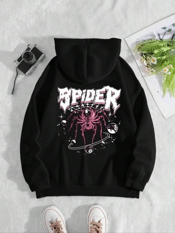 Women's Drop Shoulder Long Sleeve Hoodie, Letter & Spider Print Drawstring Pocket Hooded Sweatshirt, Casual Top for Fall...