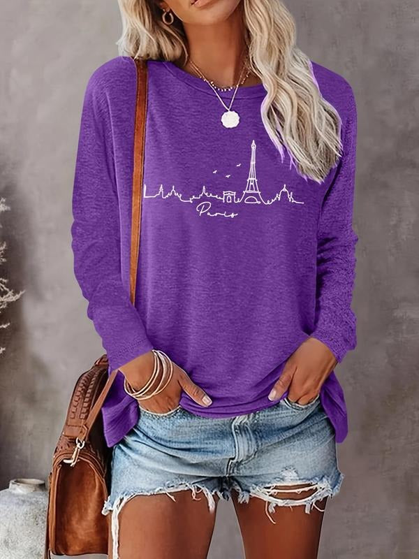 Women's Eiffel Tower & Letter Print Round Neck Tee, Casual Long Sleeve Crew Neck T-shirt for Fall & Winter, Women's Top...
